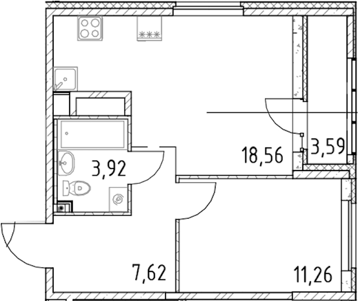 1-комнатная квартира 41.36 м², 16/23 эт., ЖК «Город Первых»
